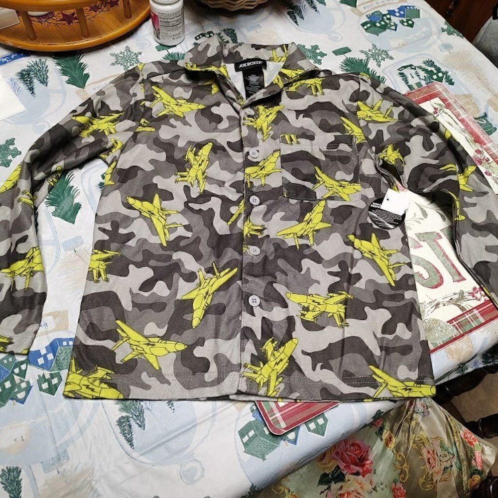 New Joe Boxer Flannel Gray Camo Jets Pajama Set Boy's M 8